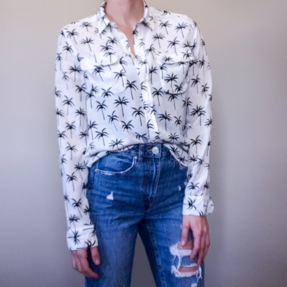 Ae Button Down Collared Palm Tree Blouse White - image 3